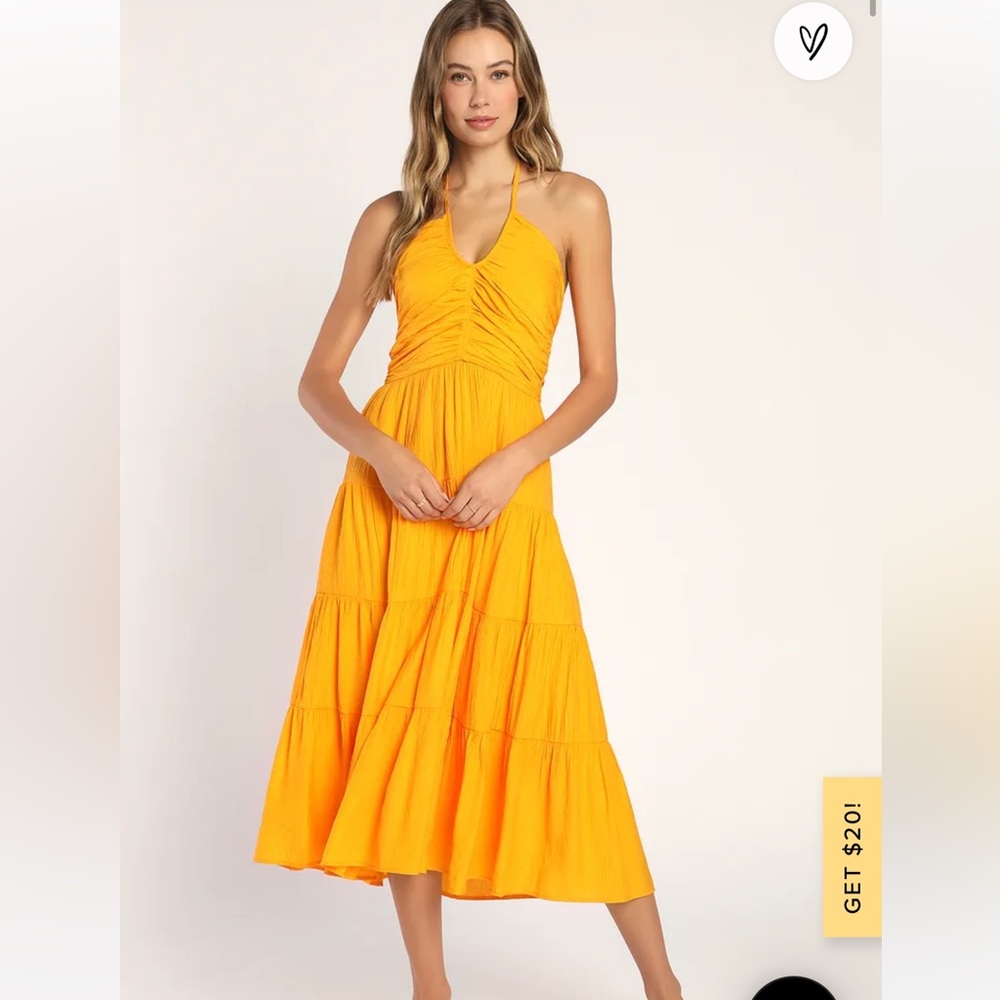 Lulus Chasing Sun Marigold Tiered Keyhole Halter Midi Dress size small